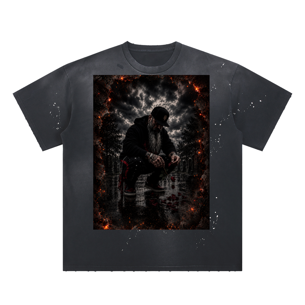 “We Bury The Things We Can’t Carey” Hand-Frayed Sunfade Paint Splatter T-Shirt