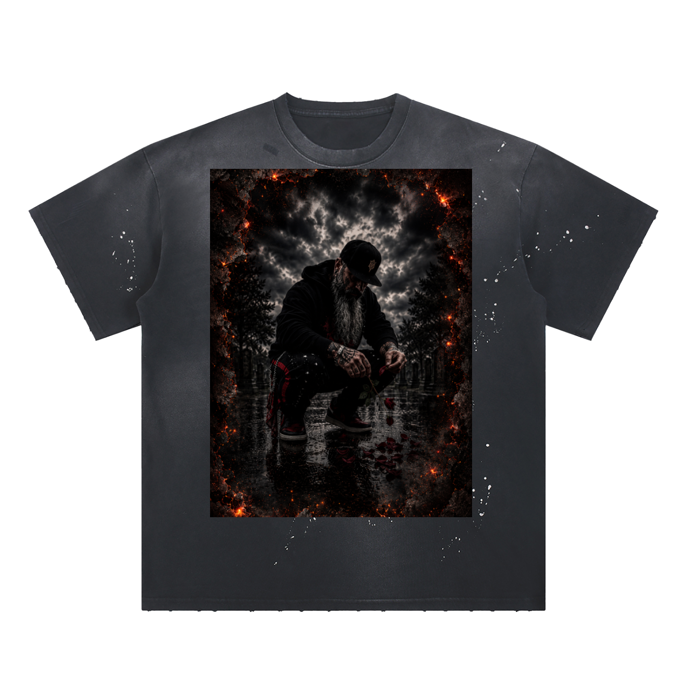 “We Bury The Things We Can’t Carey” Hand-Frayed Sunfade Paint Splatter T-Shirt