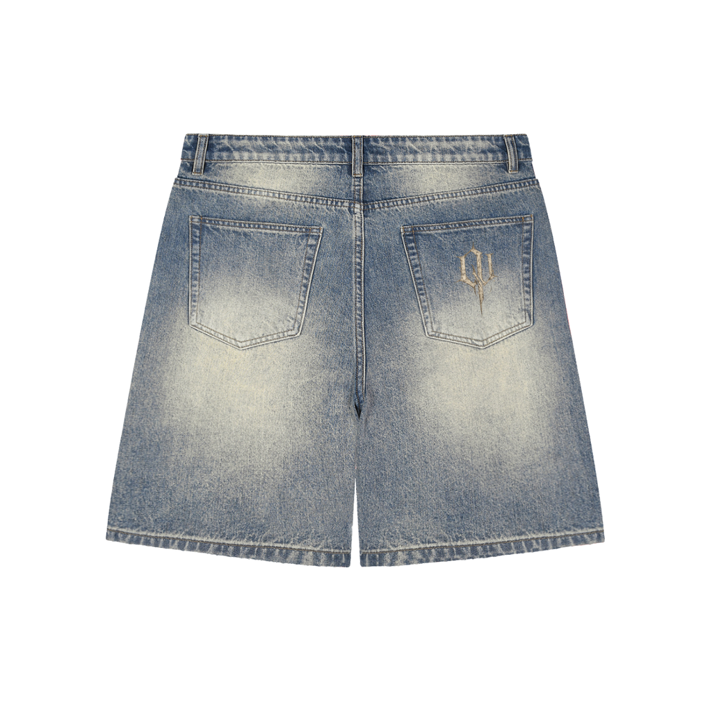 “Quiet Weight Official” Faded Distressed Baggy Denim Shorts