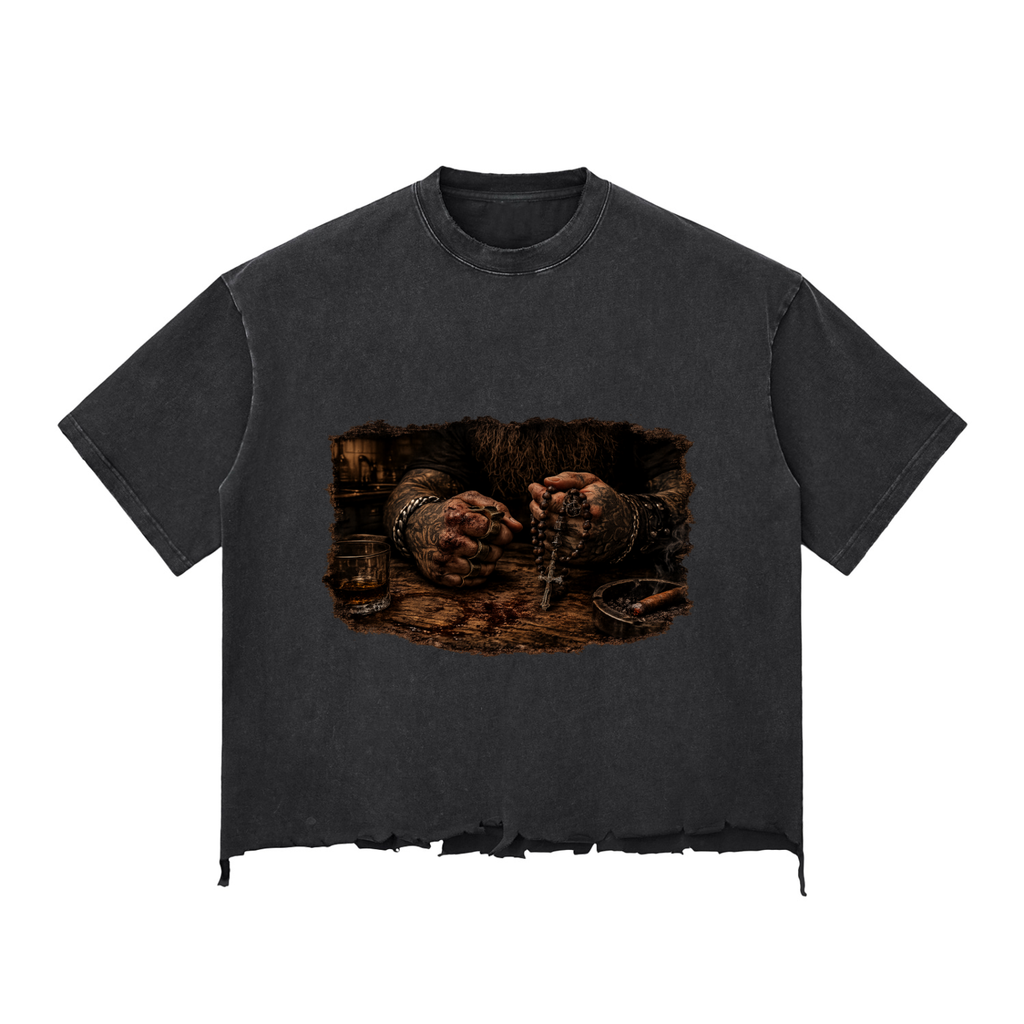 “Not Every Battle Can Be Seen” Snow Wash Raw-Hem Boxy T-shirt