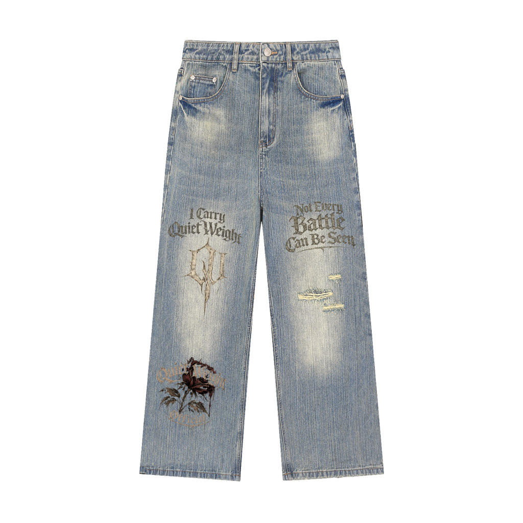 “Quiet Weight” Vintage Wash Distressed Denim Jeans