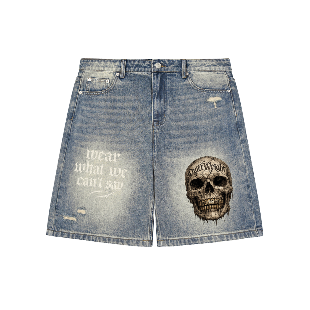 “Quiet Weight Official” Faded Distressed Baggy Denim Shorts