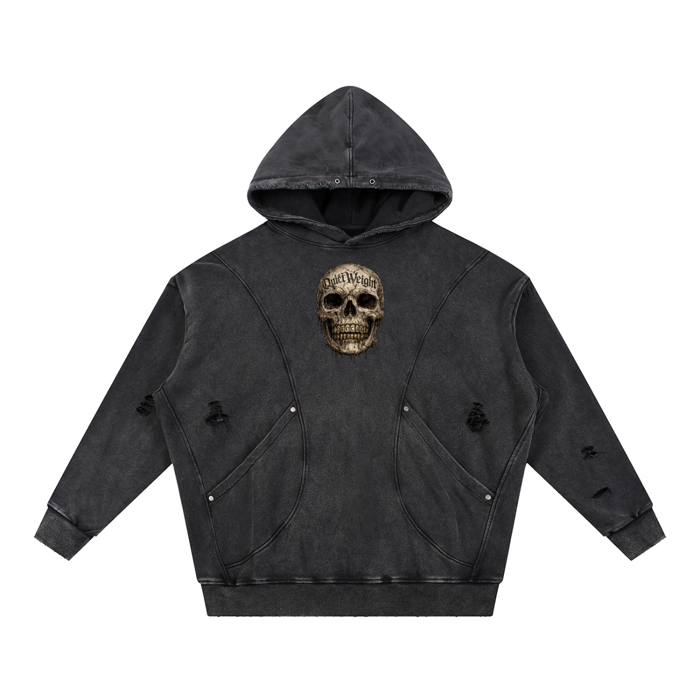 “Quiet Weight” Snow Washed Distressed Panel Pocket Hoodie